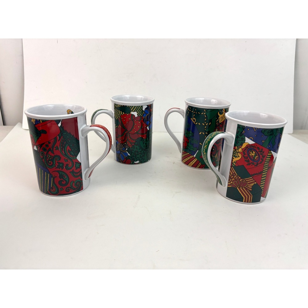 Christmas Holiday Mugs Set of 4 Porcelain Patchwork Gifts Ornaments Boxed 5"